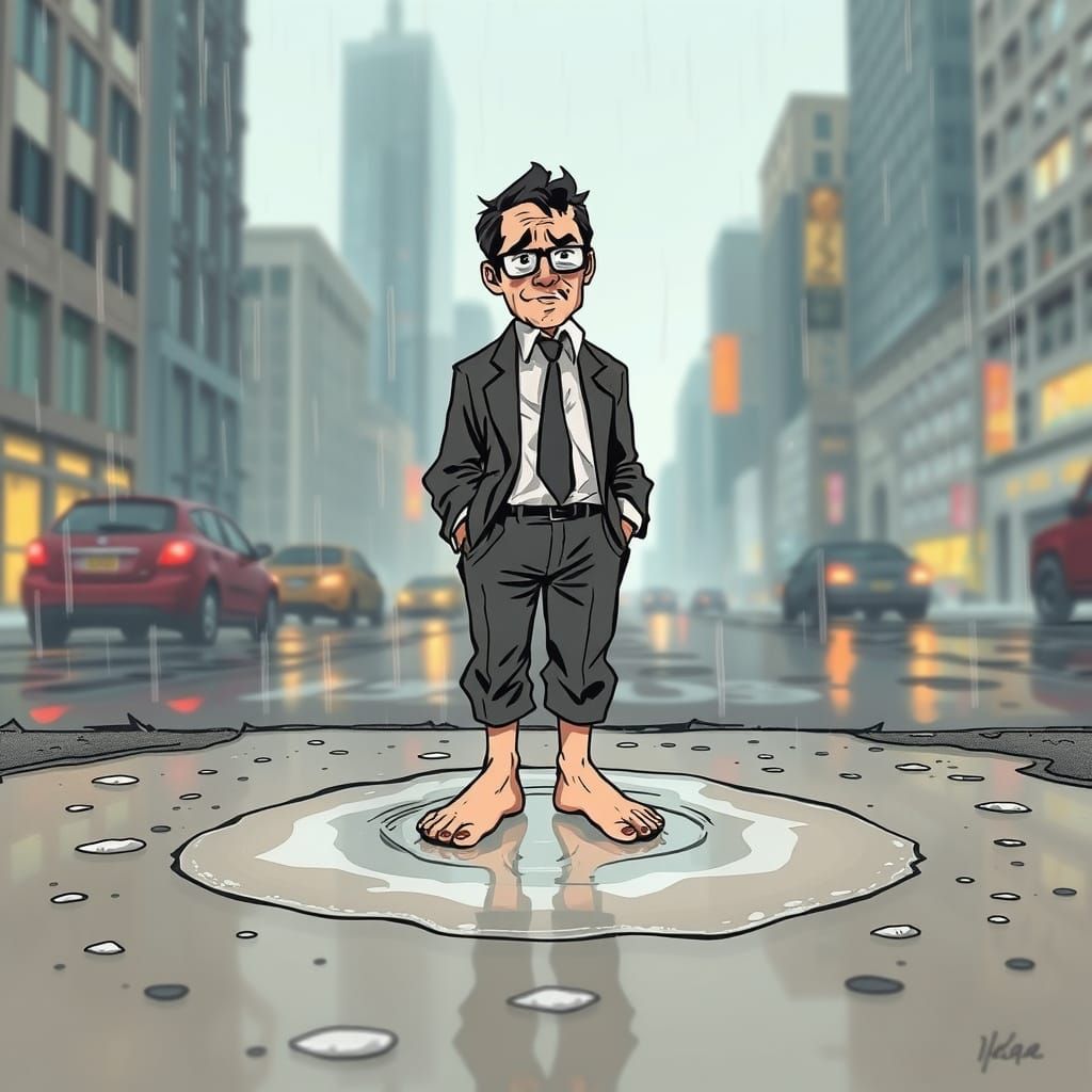 Barefoot Man Stuck in Gum on Rainy City Street