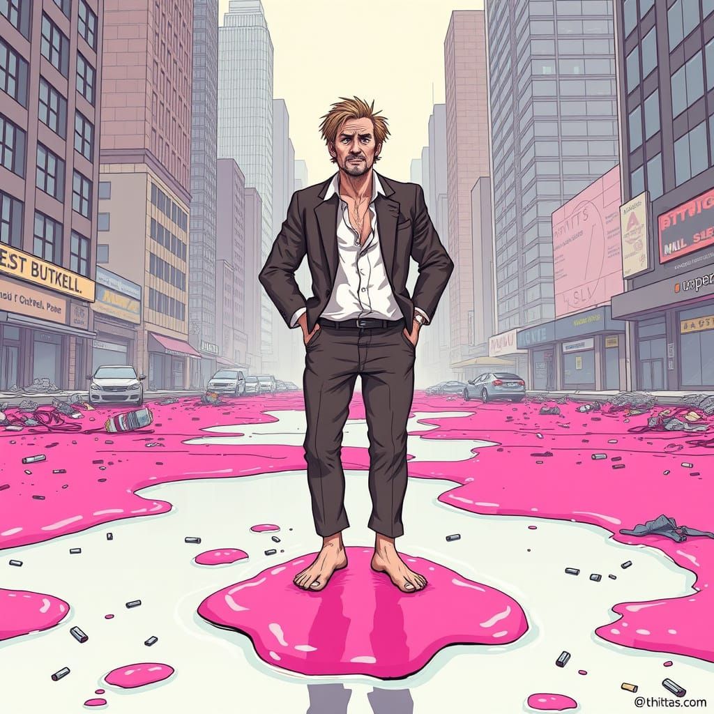 Barefoot Man Trapped in Vast Gum Puddle on Futuristic City S...