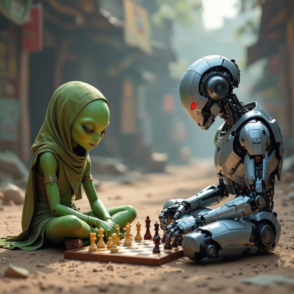 Alien Girl Plays Chess with Cyborg