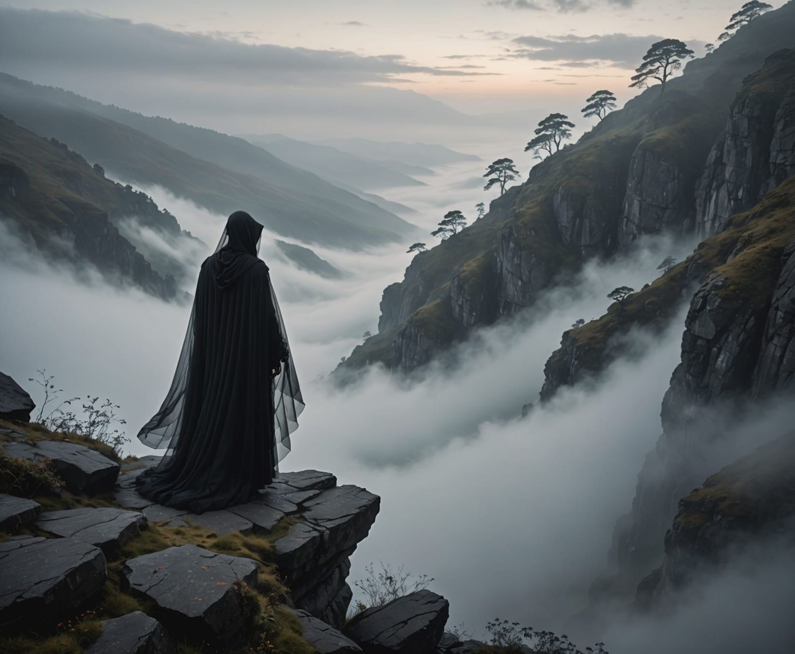 Ethereal Figure in Fog-Shrouded Landscape