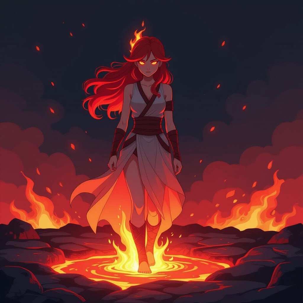 Young Fire Goddess in Molten Lava, Anime Style
