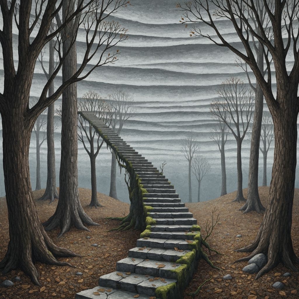 Surreal Forest Staircase at Dusk in Storybook Style