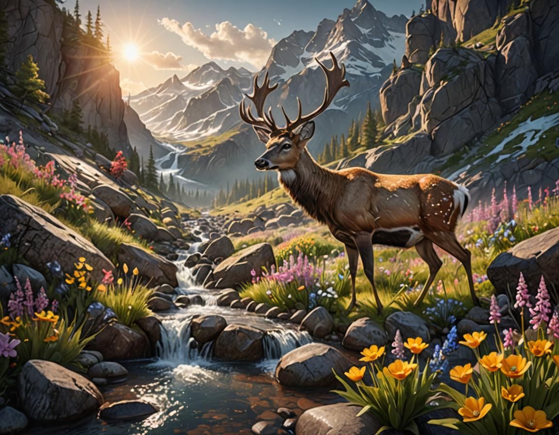 Deer at Mountain Stream: Fantasy Concept Art