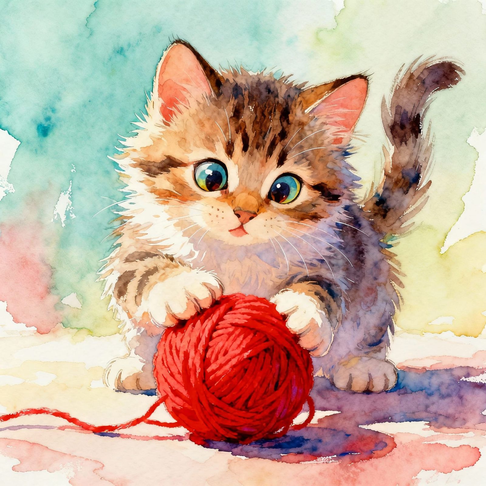 Playful Kitten With Red Wool Ball Watercolor