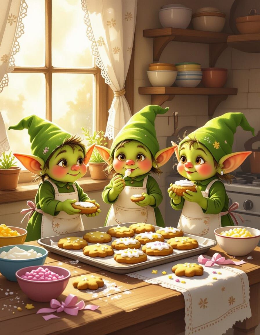 Goblins Decorate Cookies in a Rustic Kitchen