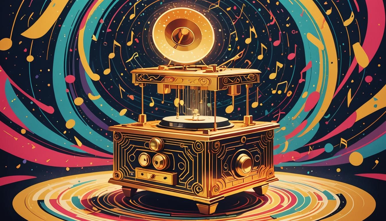 Retro-Futuristic Music Box with Glowing Neon Notes