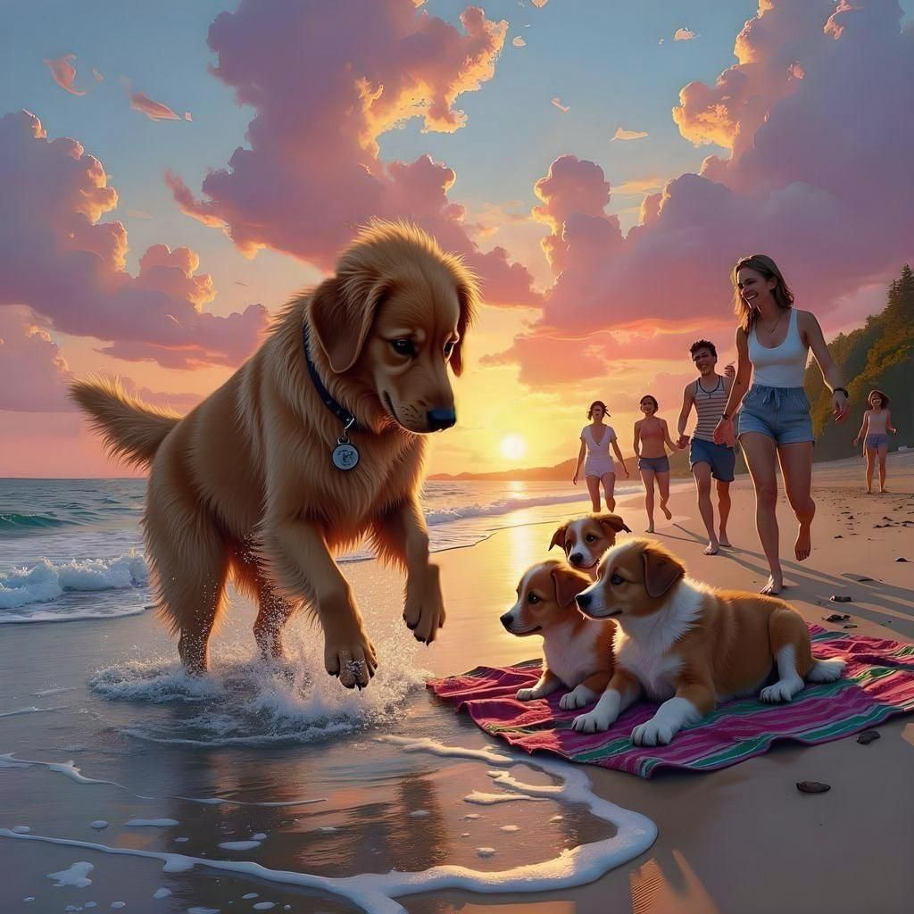Dog Rescues Puppies at Sunset