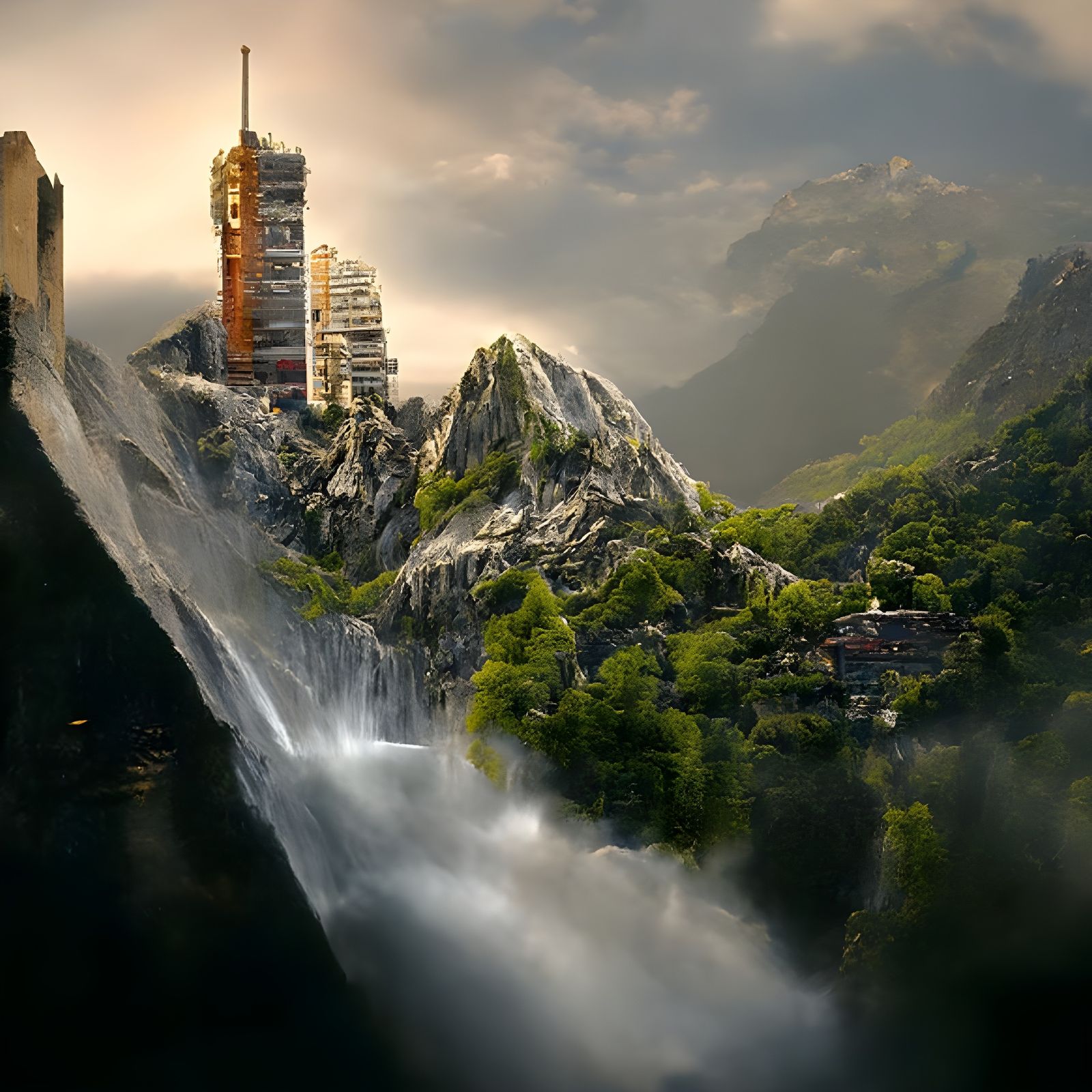 Waterfall Skyscraper in Mountain Landscape