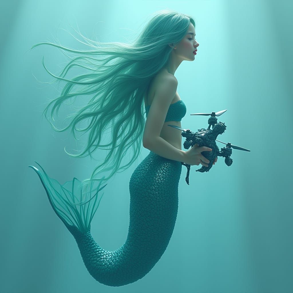 Ethereal Mermaid Profile in Turquoise Blue Holding a Futuris...