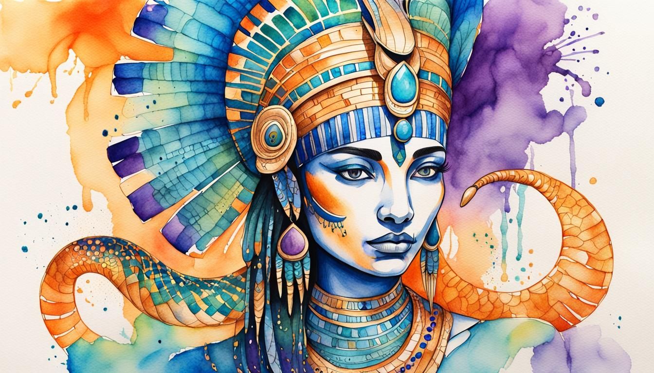 Cleopatra and Golden Cobra in Vibrant Watercolor