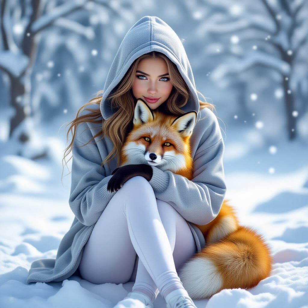 Girl Cradles Fox in Snowy Fantasy Landscape