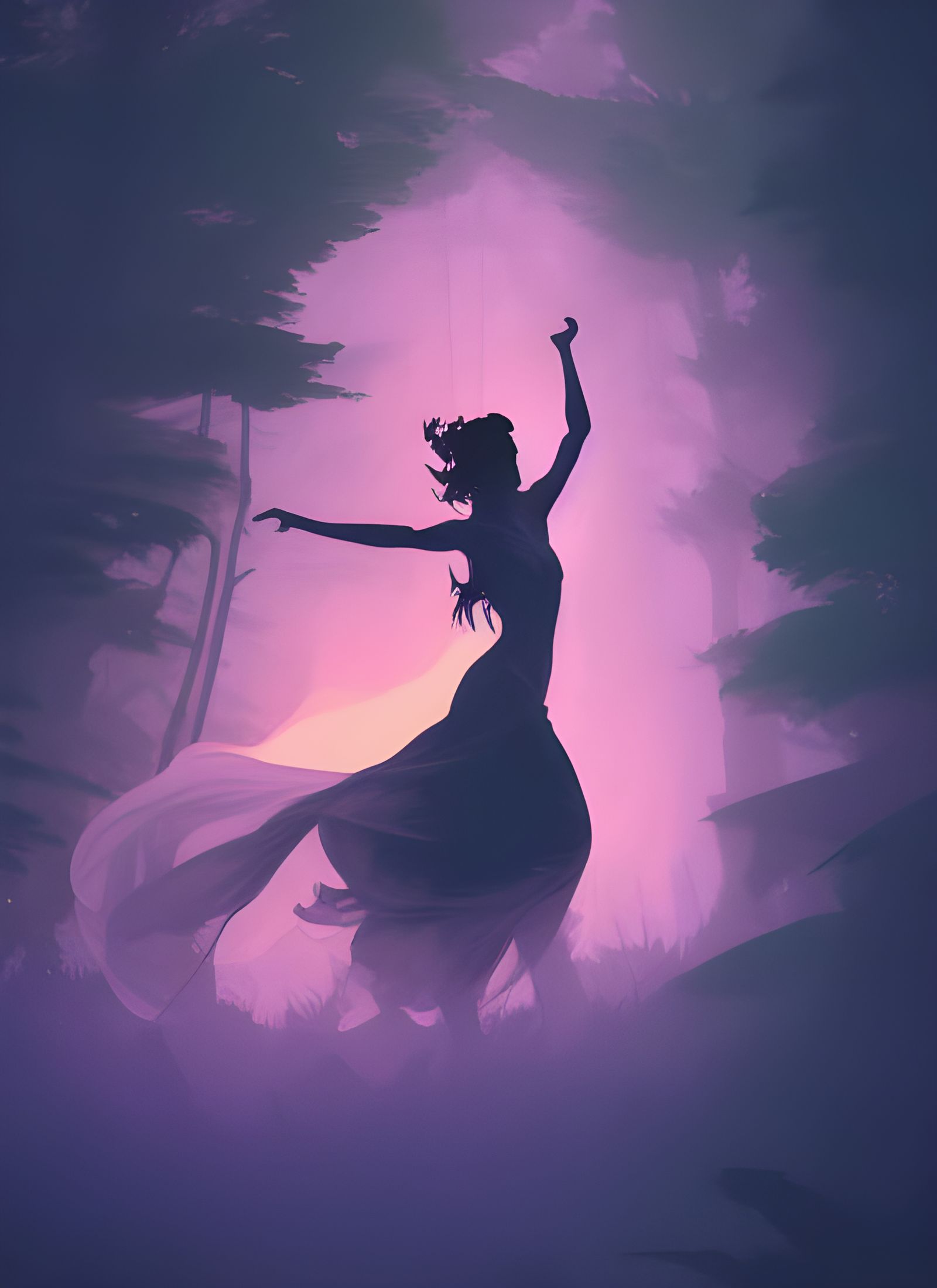 Dancing Silhouette in Woods: Art Nouveau Illustration