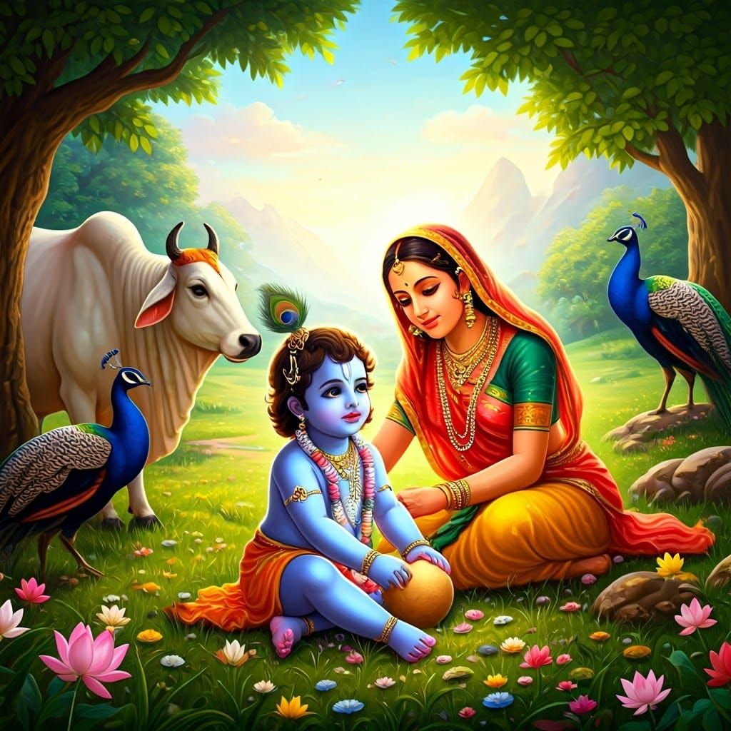 Krishna and Yashoda in Lush Green Pastures