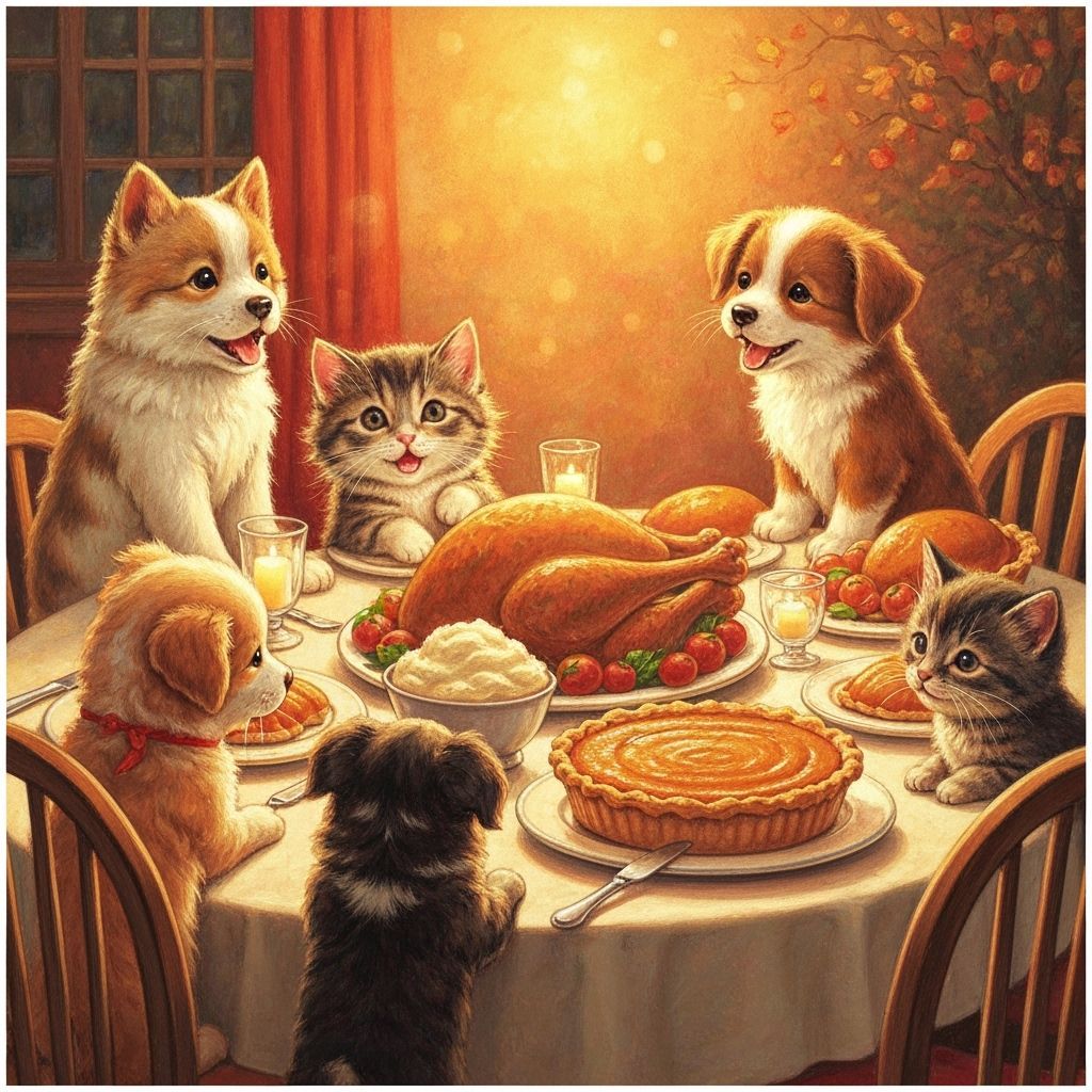 Puppies and Kittens Feast at Thanksgiving Table