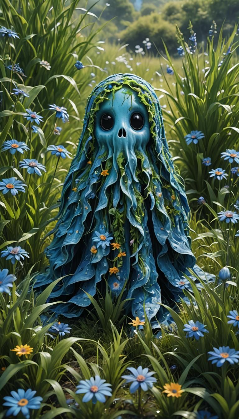 Vibrant Blue Ghost Surrounded by Spring Blooms
