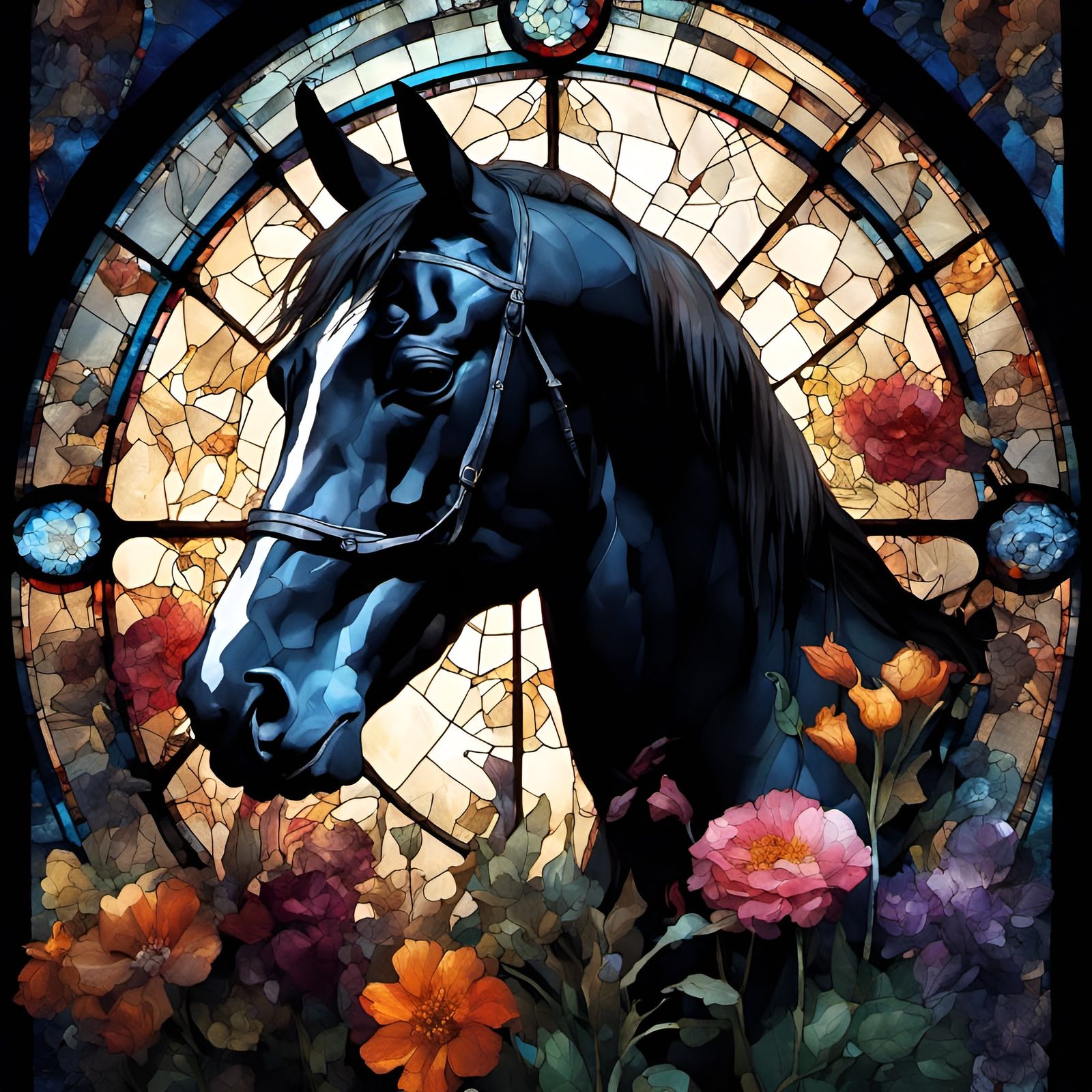 Stained Glass Horse Window in Dark Colors