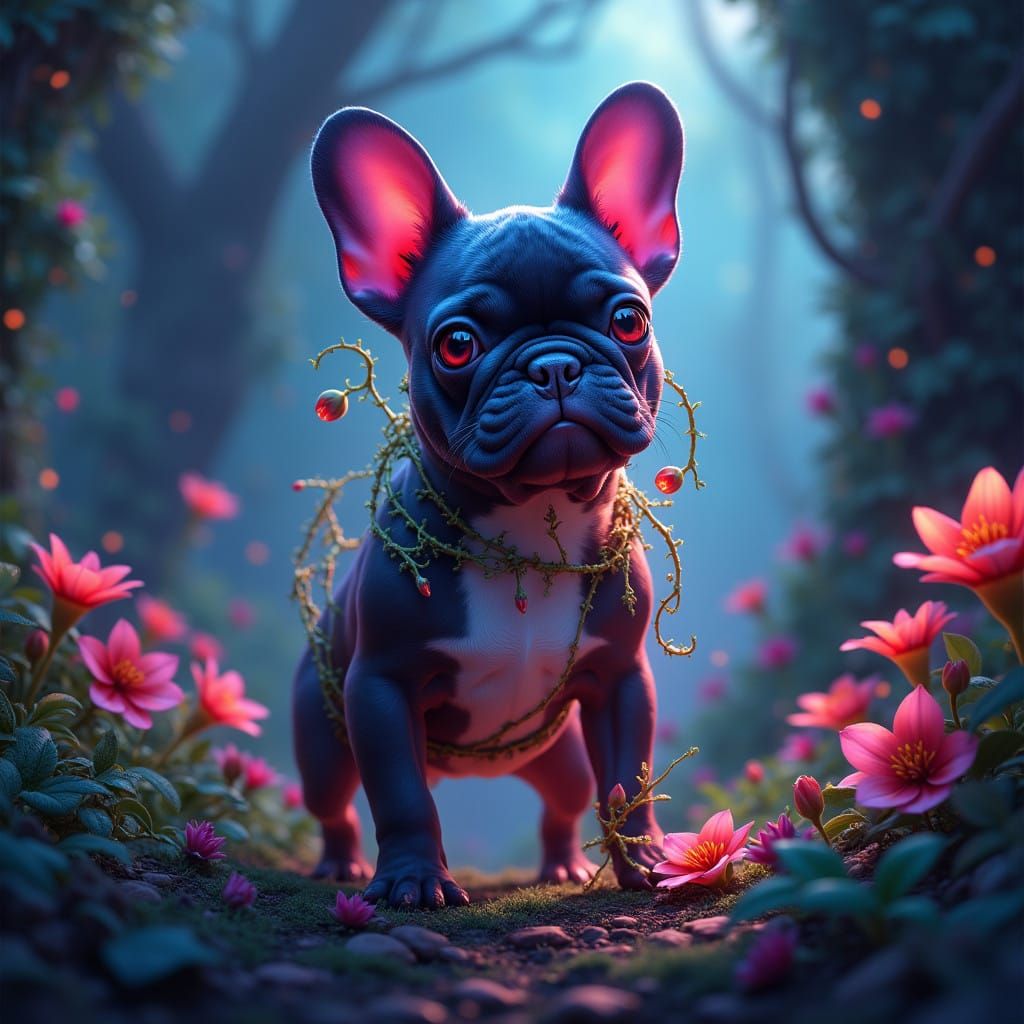 Mystical French Bulldog in Vibrant, Luminescent Forest
