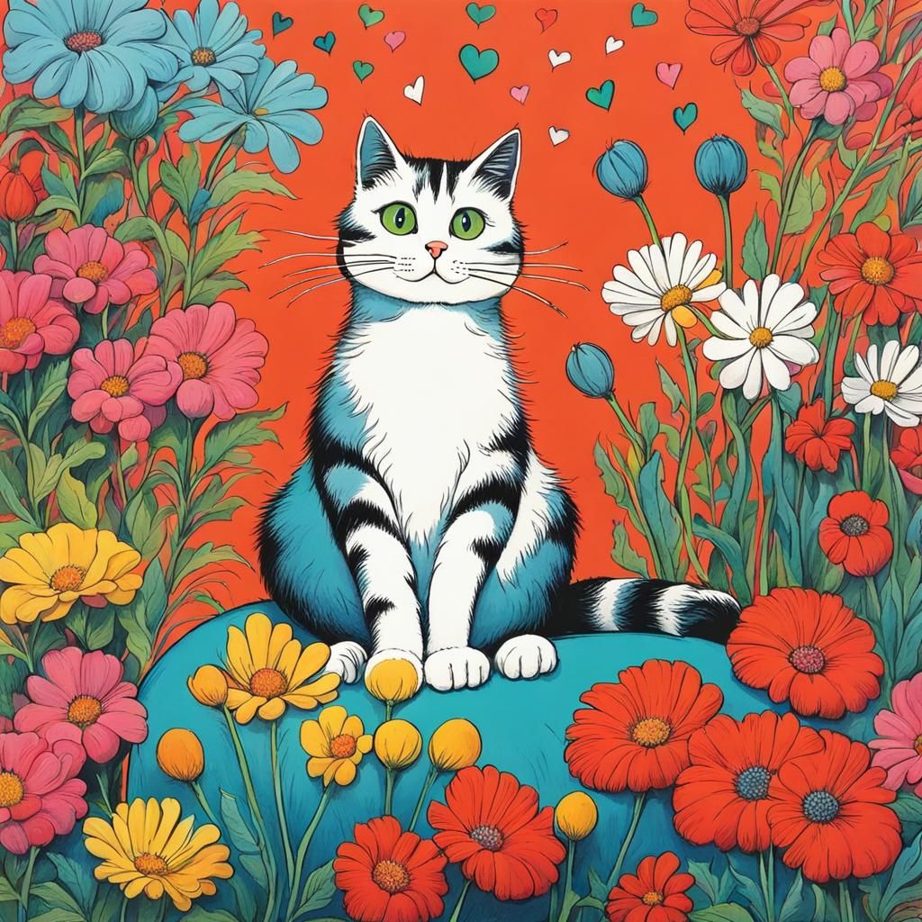 Cute Cat Surrounded by Flowers in Whimsical Style
