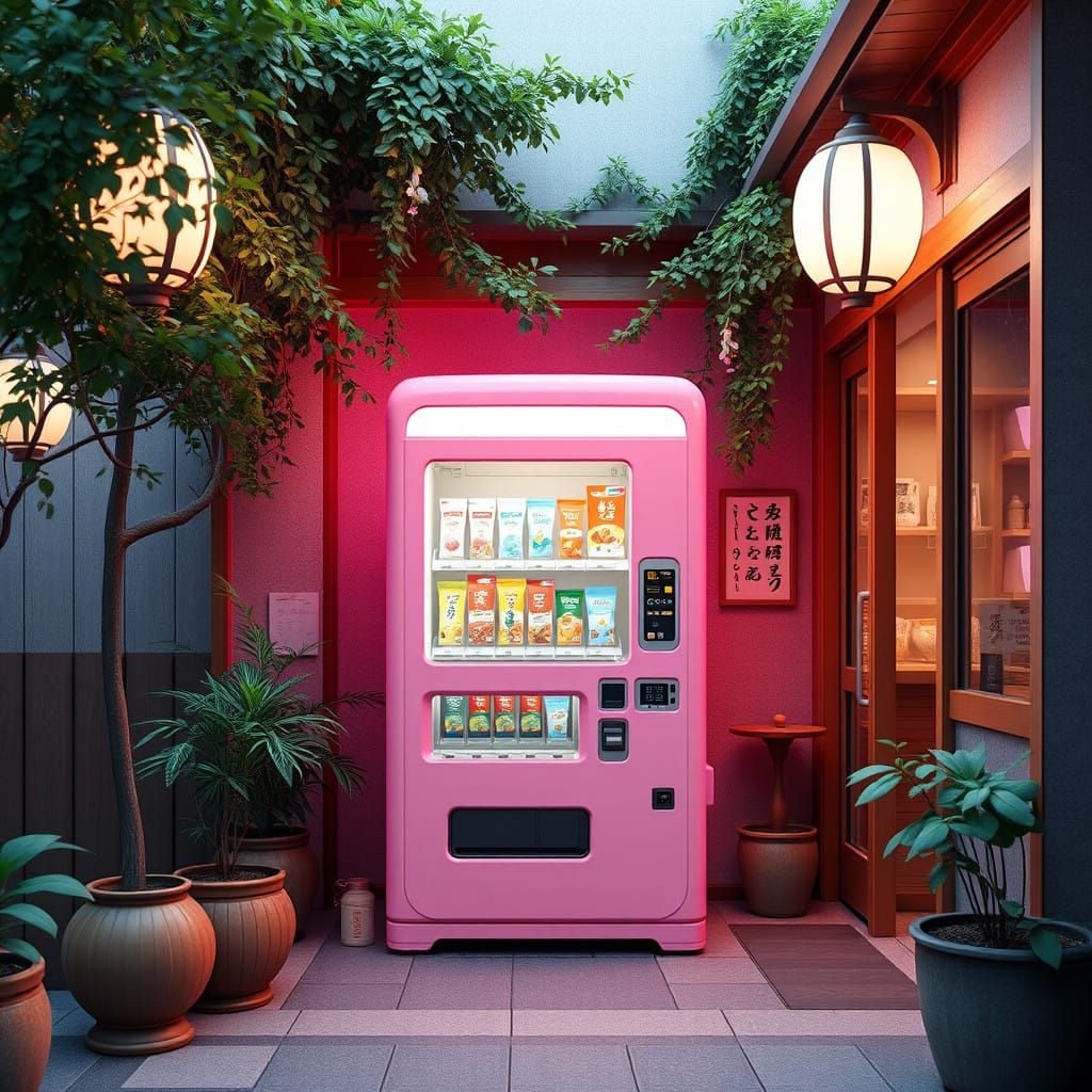Pastel Pink Vending Machine in Serene Japanese Storefront