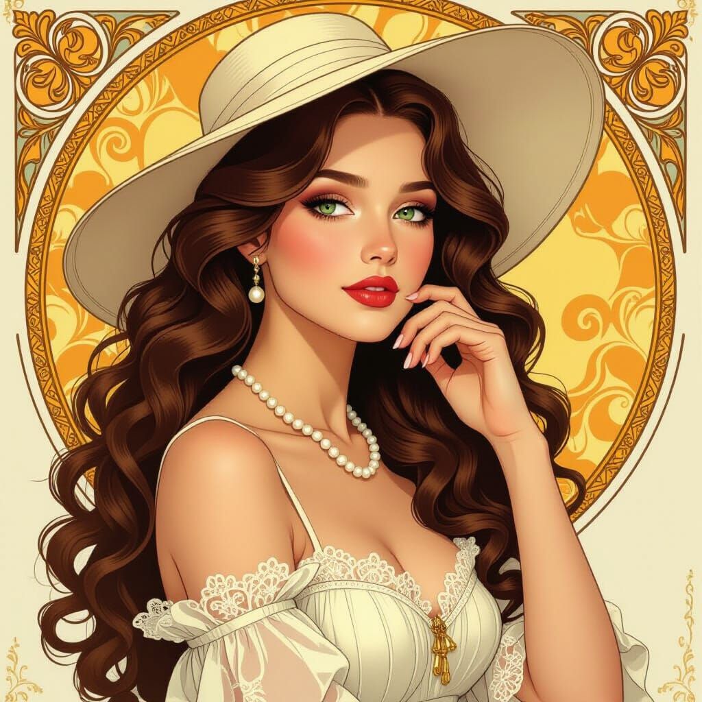 Elegant Woman in Red and Yellow, Art Nouveau Style