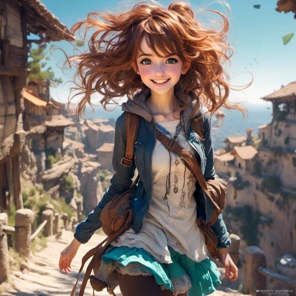 Smiling Anime Girl Holding Hand in Adventure Scene