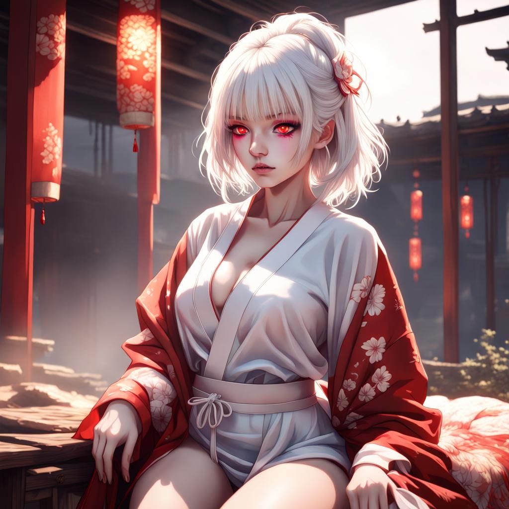 Anime Albino Girl in Kimono, Detailed Digital Art