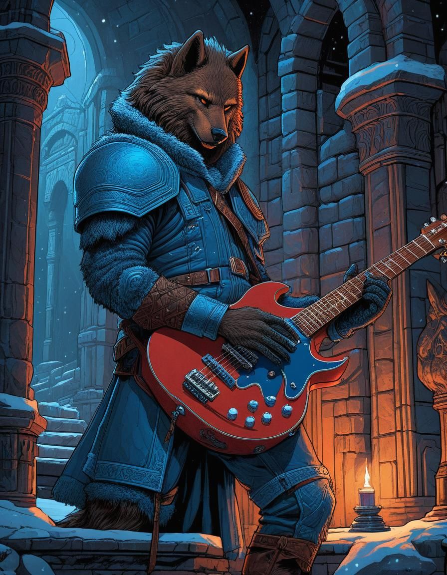 Werewolf Guitarist on Throne in Dark Fantasy Art