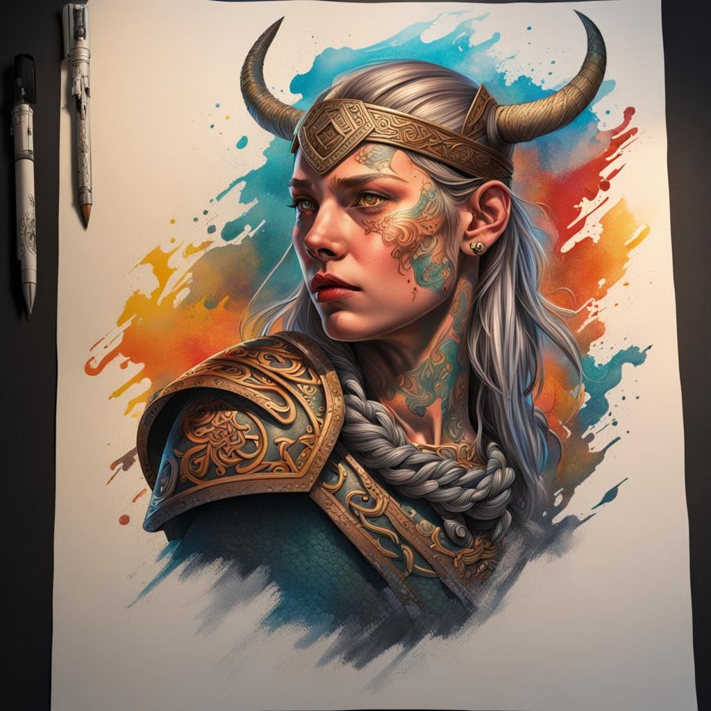 Hyperrealistic Viking Tattoo Portrait in Splash Art Style