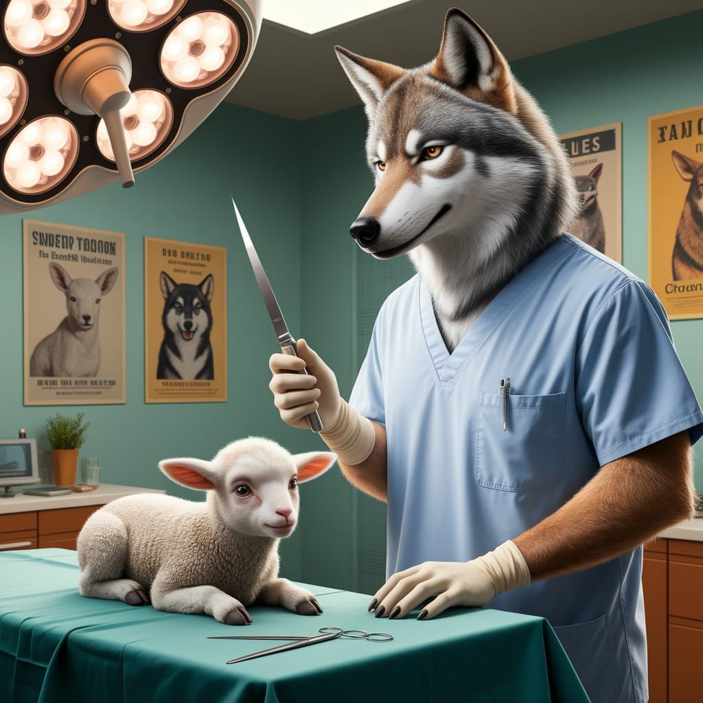 Surreal Wolf Surgeon About to Operate on Lamb
