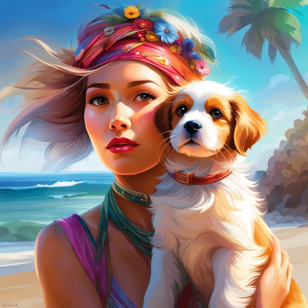 Woman and Dog Embrace: Photorealistic Beach Scene