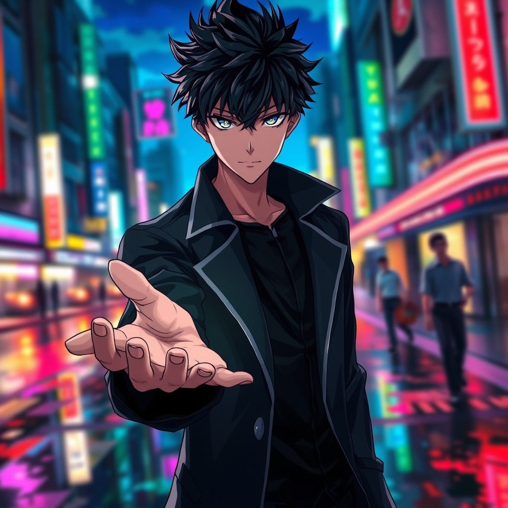 Dynamic Manga-Style Man in Cityscape at Dusk