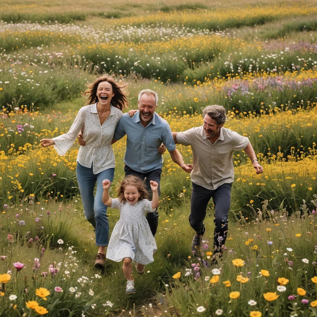 Joyful Reunion: Parents Embrace Daughter in Flower Field