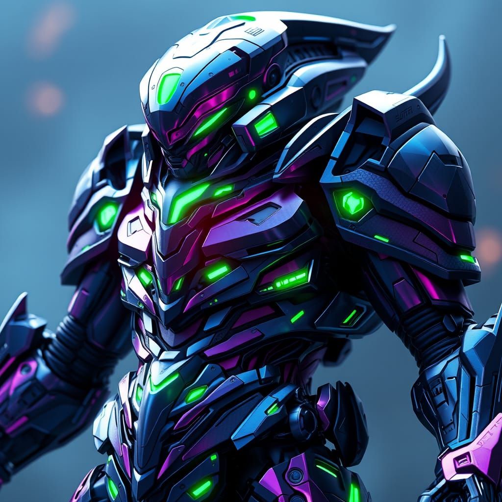 Glowing Alien Bounty Hunter in Futuristic Armor