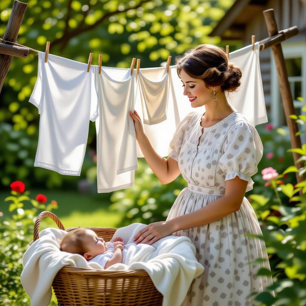 Old-Fashioned Lady Hanging Laundry in Sunlit Garden