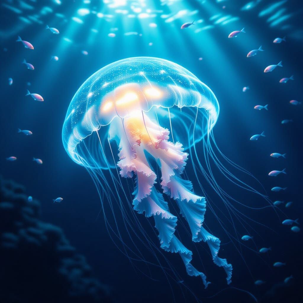 Bioluminescent Jellyfish in Deep Sea Trench