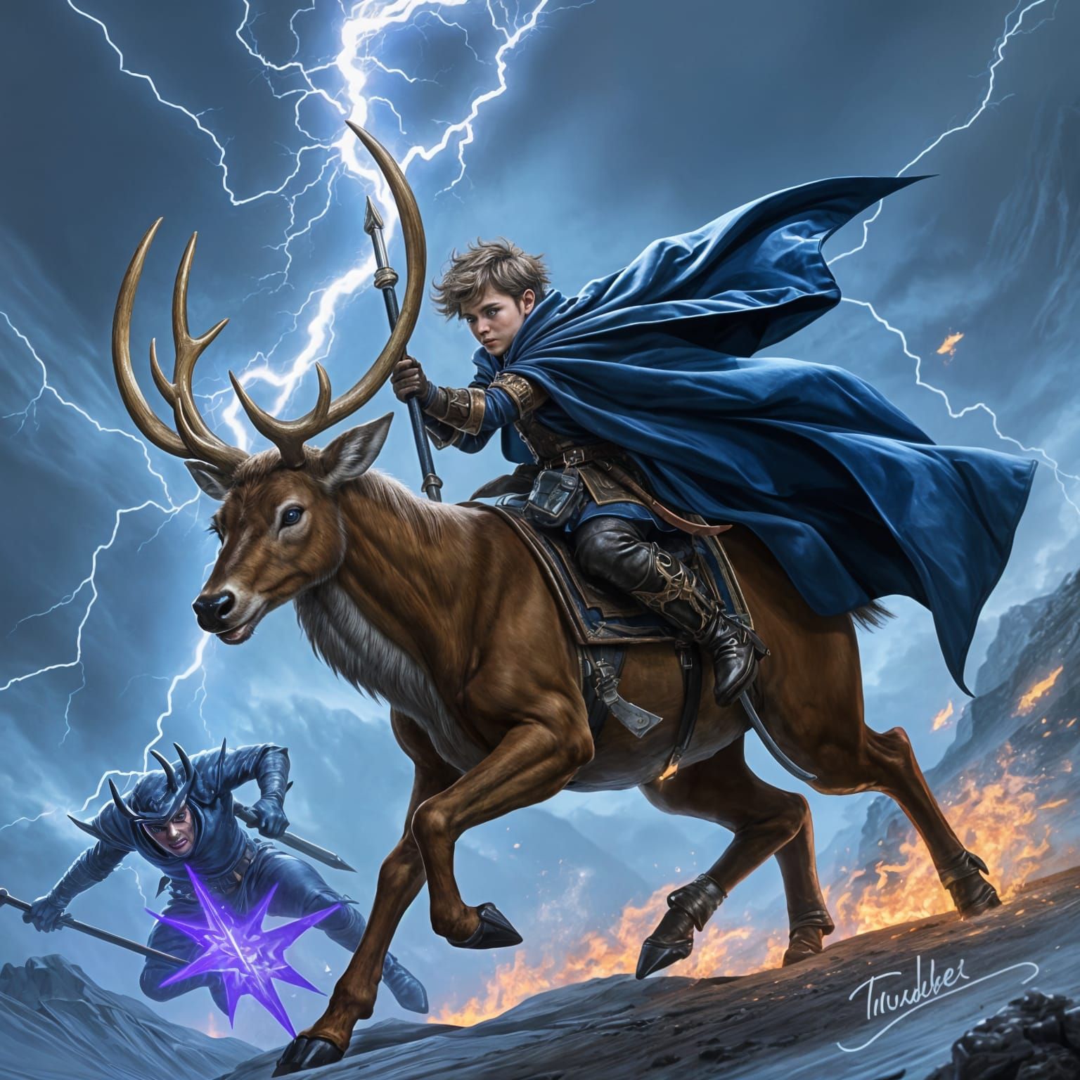 Warrior Boy on Mystical Deer Slaying Demons