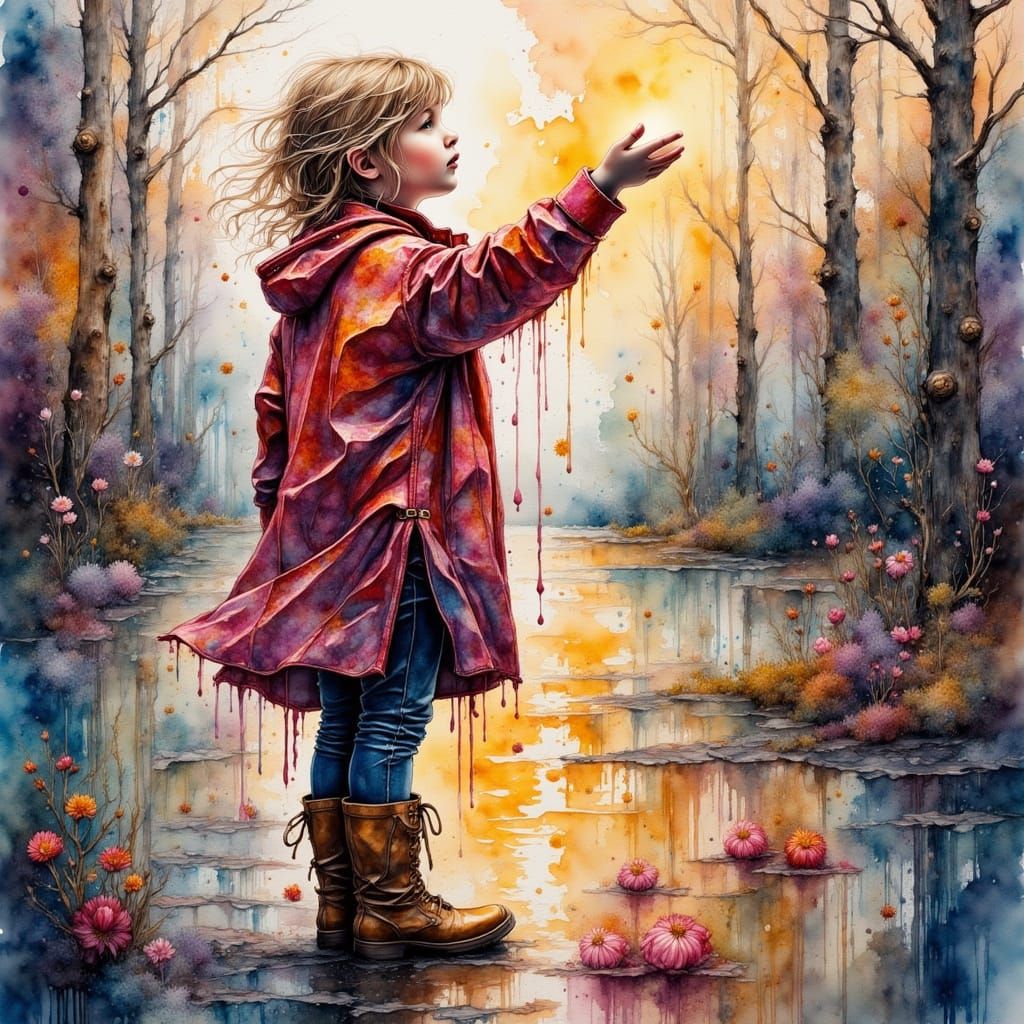 Girl in Crimson Raincoat Gazes at Sky