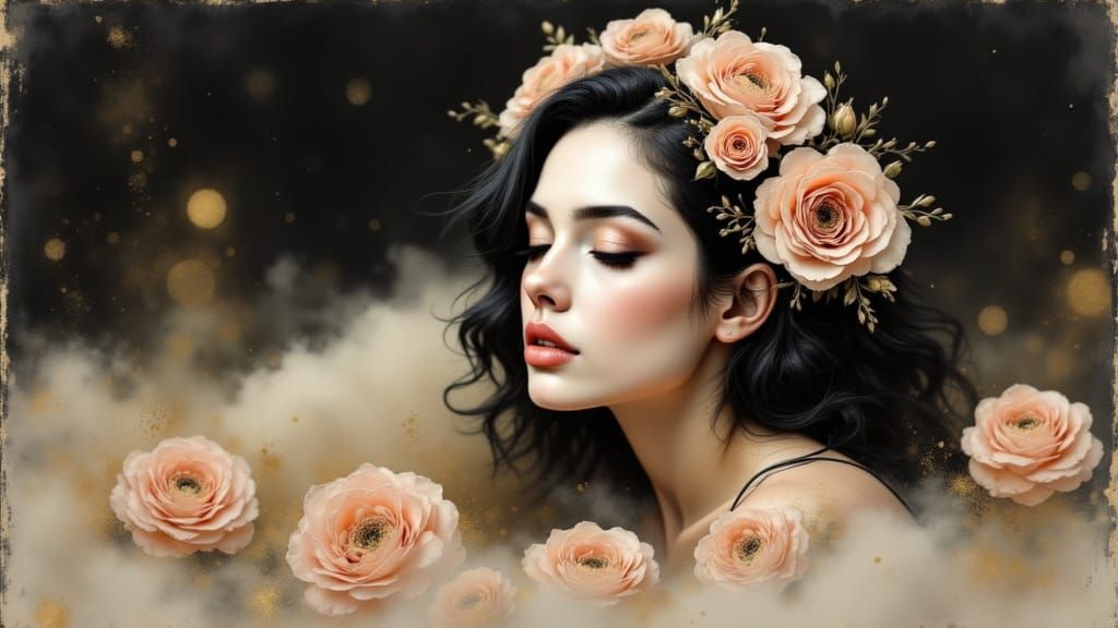 Porcelain Doll with Roses, Hyperrealistic Oil Painting