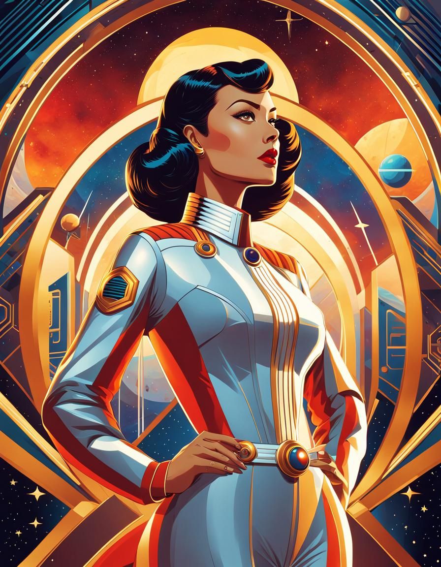 Art Deco Space Nurse in Retro Sci-Fi Illustration