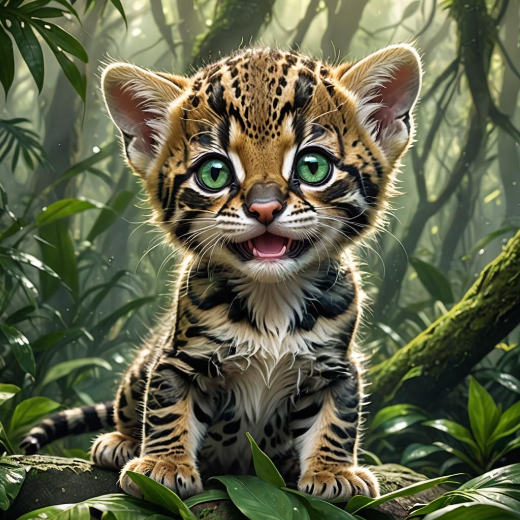 Adorable Ocelot Kitten Waking Up in Rainforest