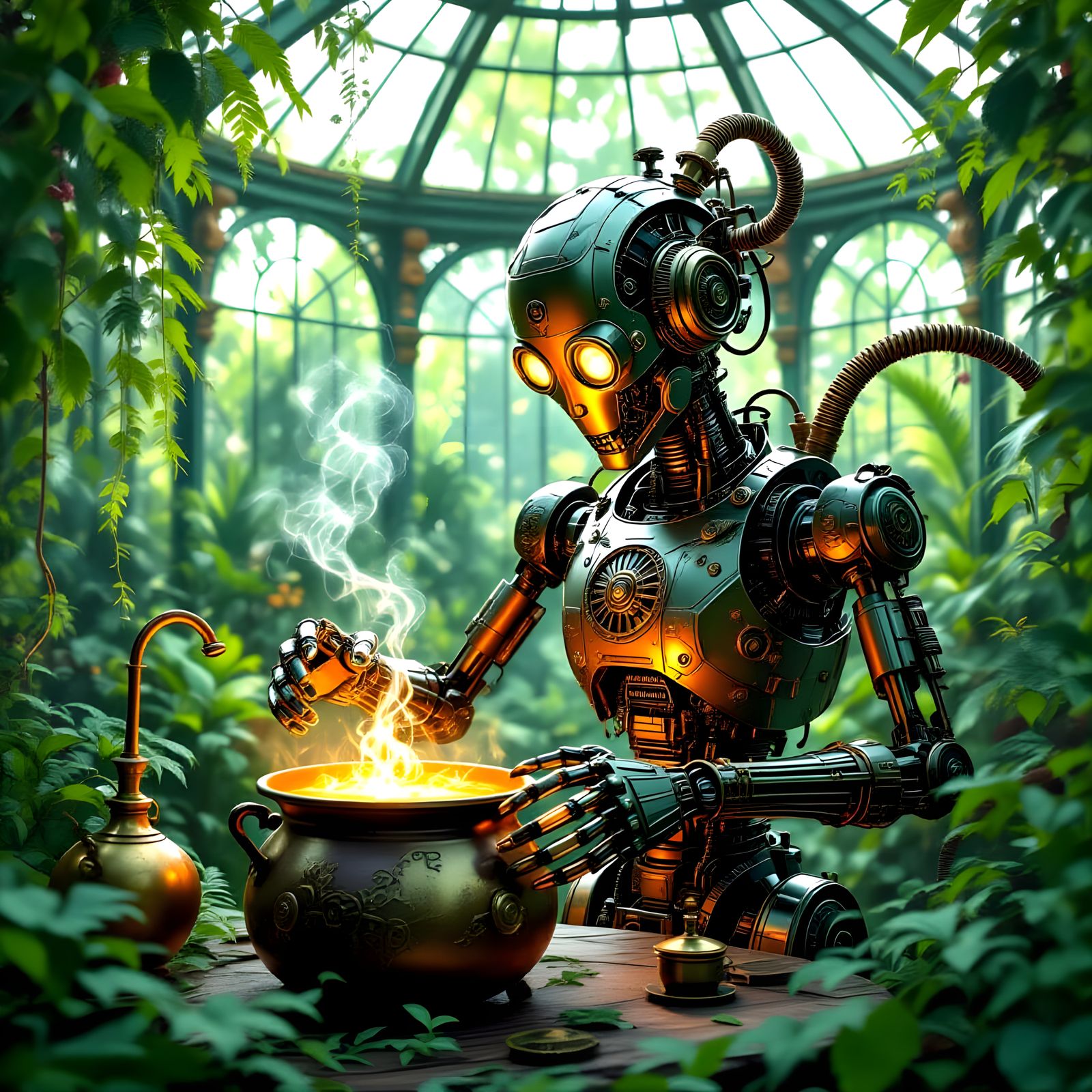 Steampunk Automaton Tends Magical Brew in Victorian Greenhou...