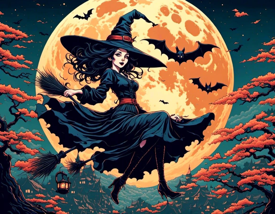 halloween witch and bats