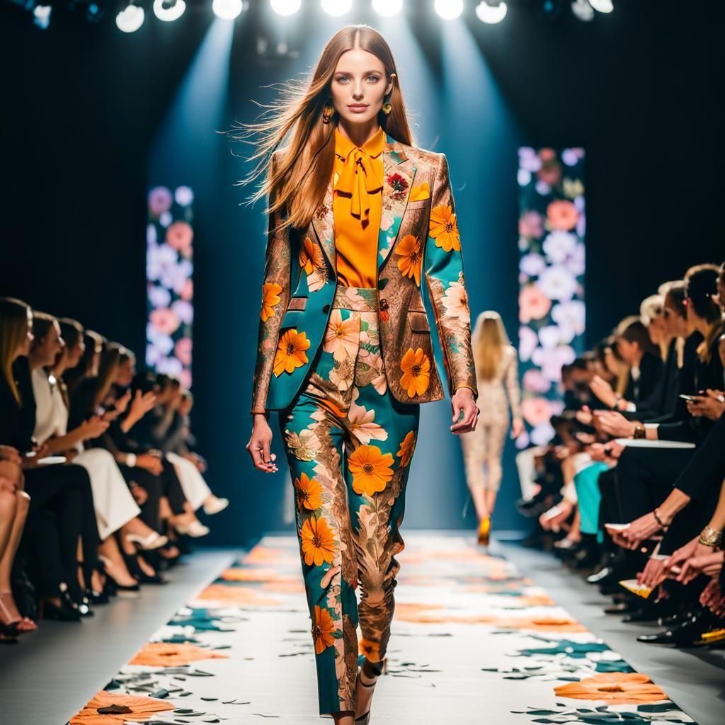 Runway Model in Vibrant Floral Evening Suit