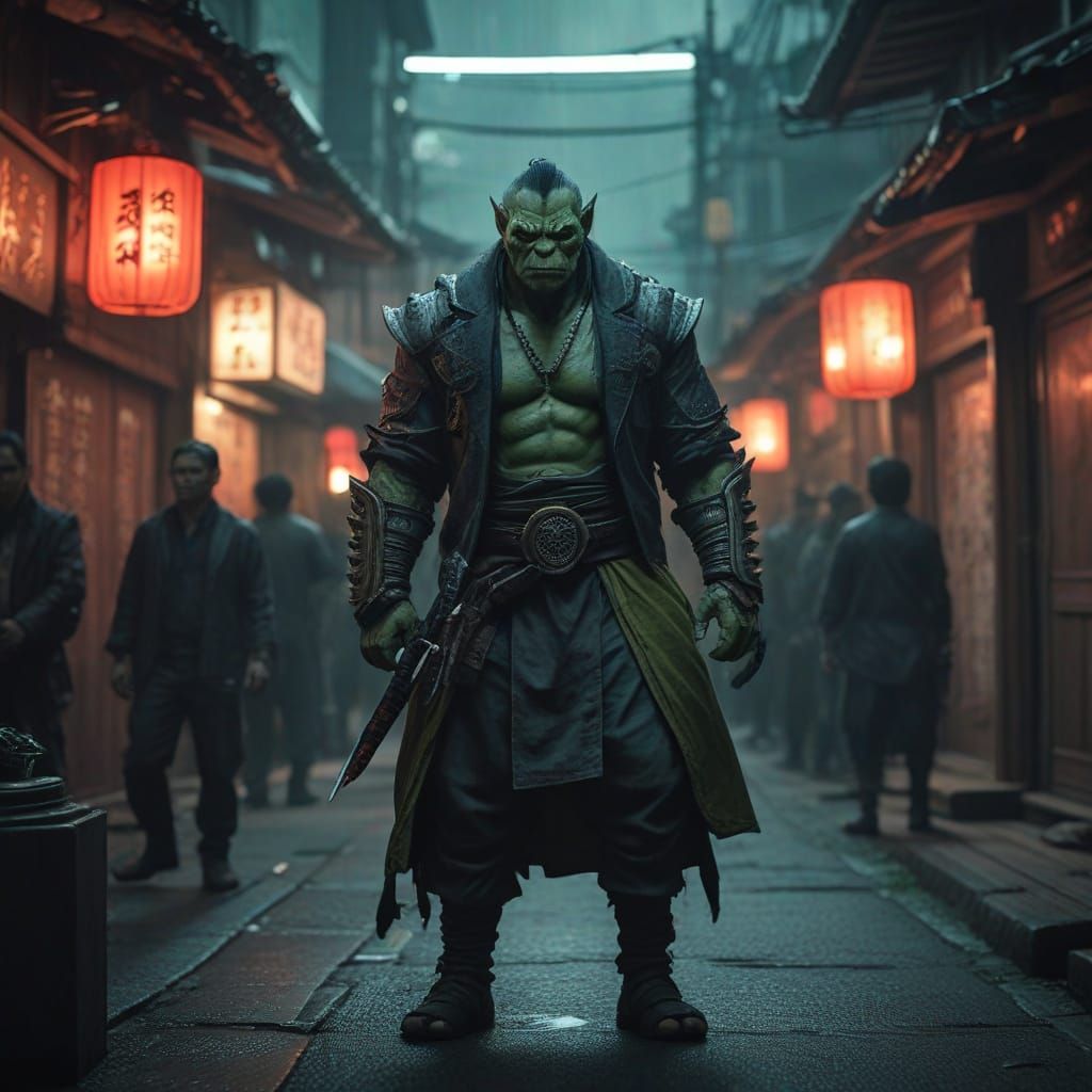 Orc Yakuza Gang Member in Cinematic Film Still
