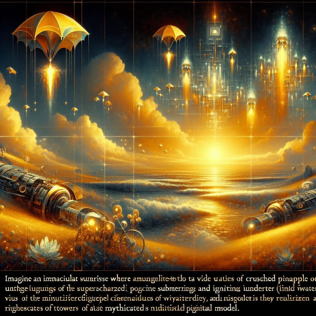 Vibrant Sunrise Ignites Futuristic Underwater Scene with Gra...