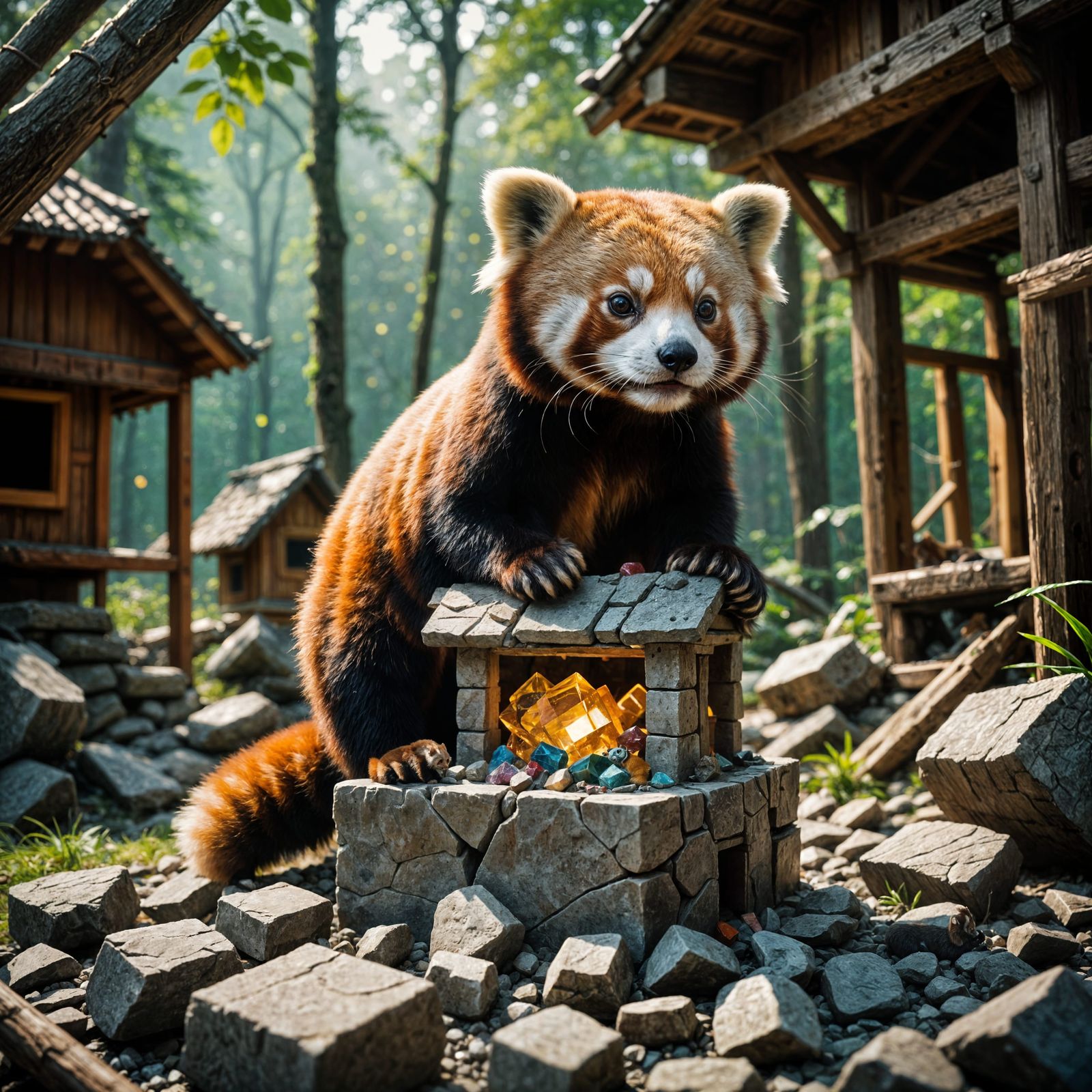 Red Panda Builds House of Sparkling Gemstones