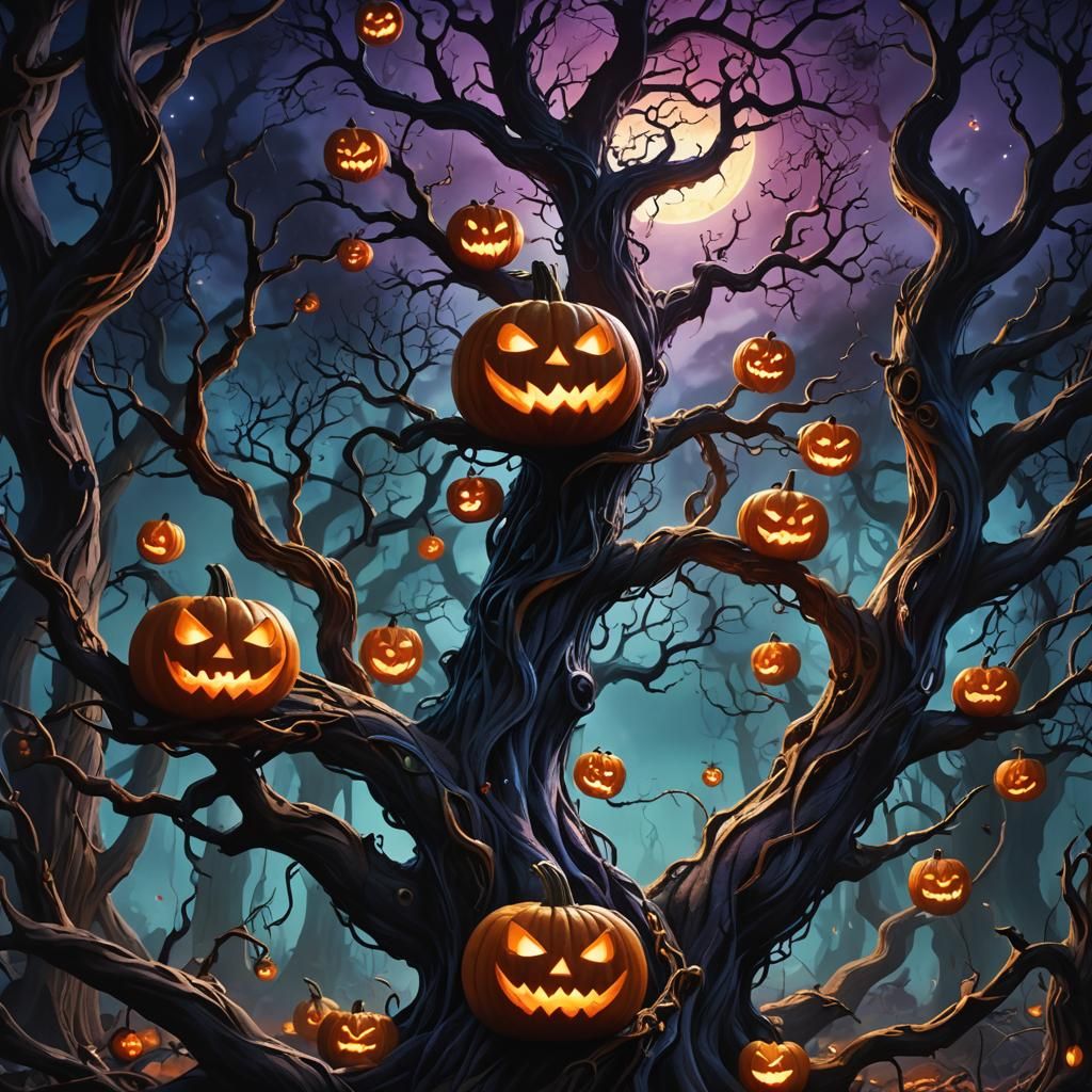 Pumpkin Demons in a Mystical Forest: Dark Fantasy Painting