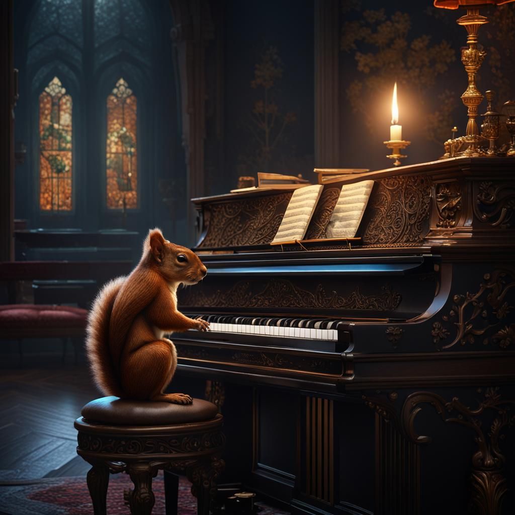 Squirrel Pianist in Dark Room: Fantasy Concept Art