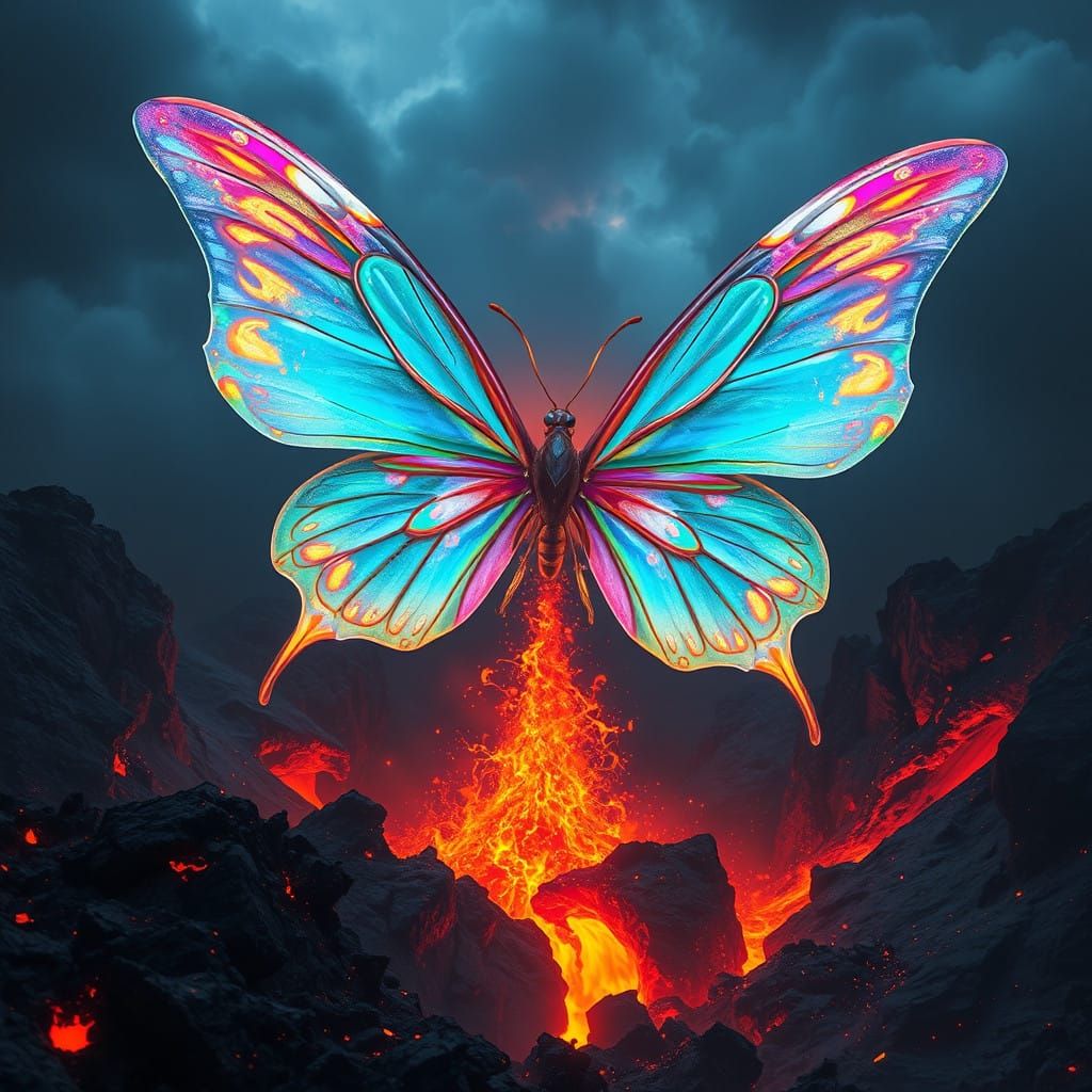 Fiery, Iridescent Butterfly Emerges from Volcanic Depths in...