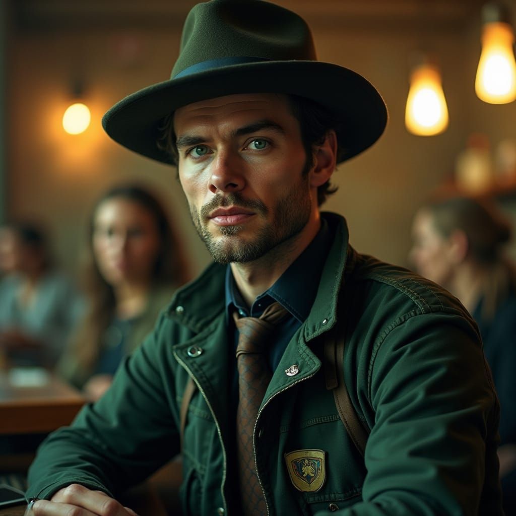 Sci-Fi Explorer with Green Eyes in Mystery Bar